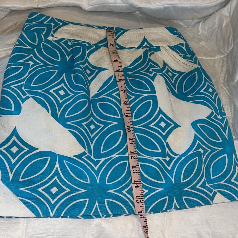 Trina Turk Cotton Mini Skirt Size 2 Turquoise Geometric Print Pockets - Picture 9 of 13